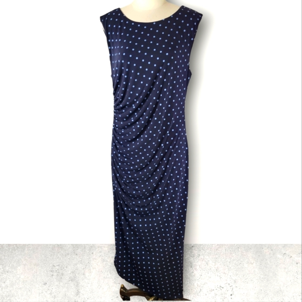 NWT Vince Camuto Navy Polka Dot Draped Midi Dress Scoop Neck Stretch